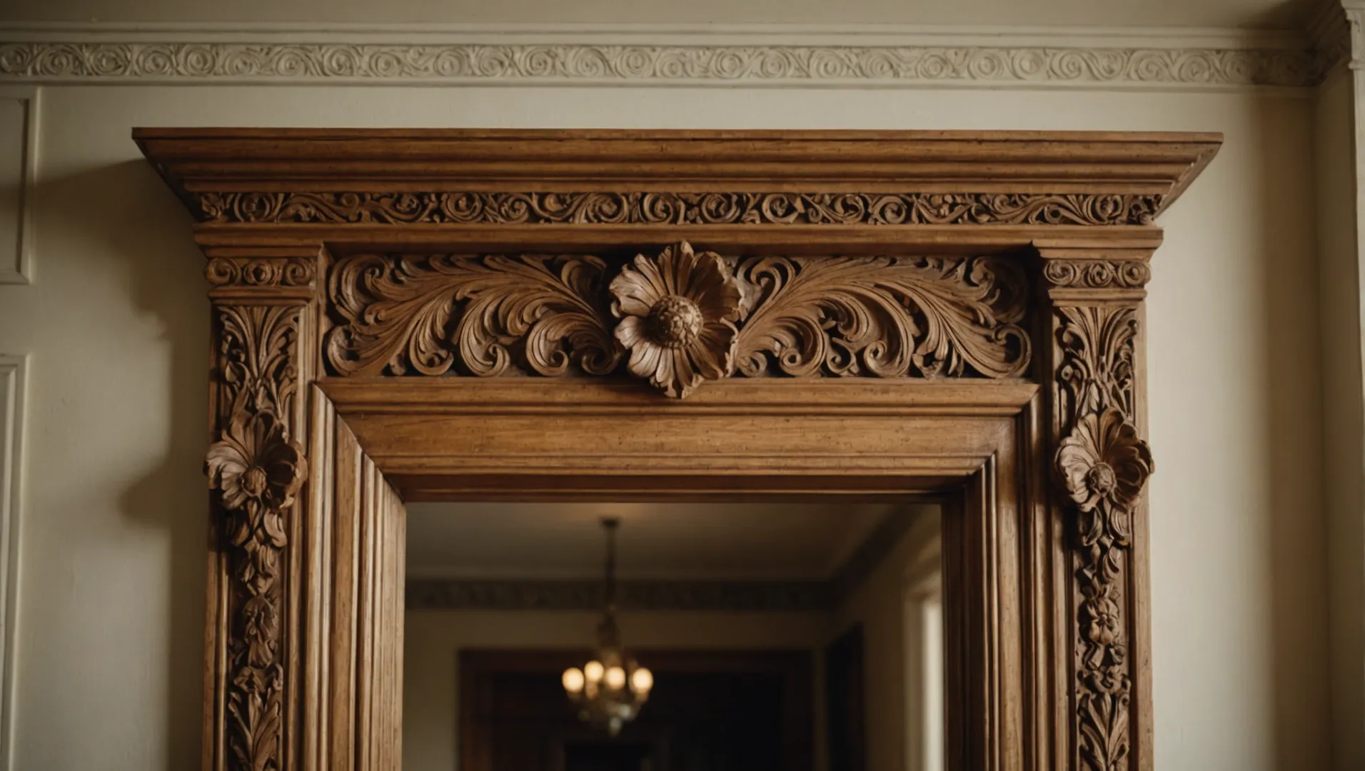A close-up of an elegant architrave framing a doorway