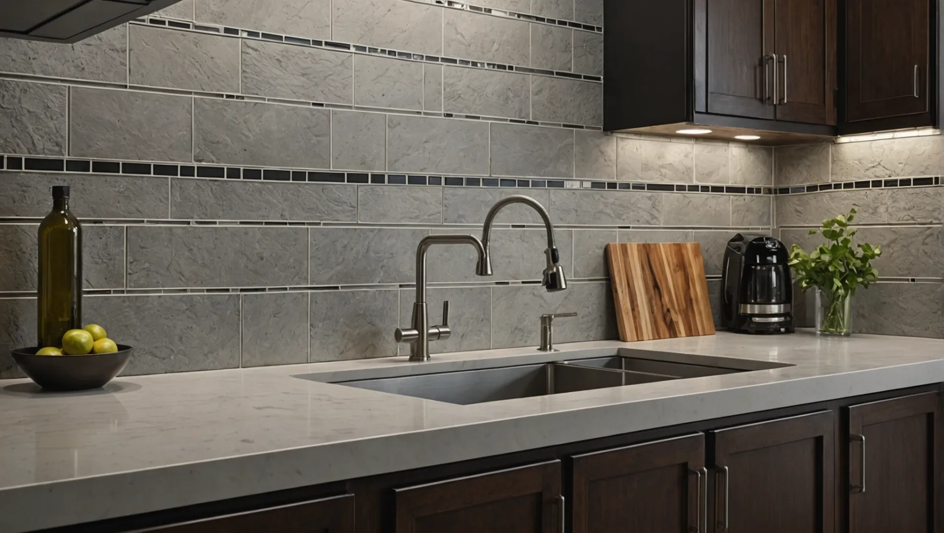 Various backsplash trim alternatives displayed in a modern kitchen setting