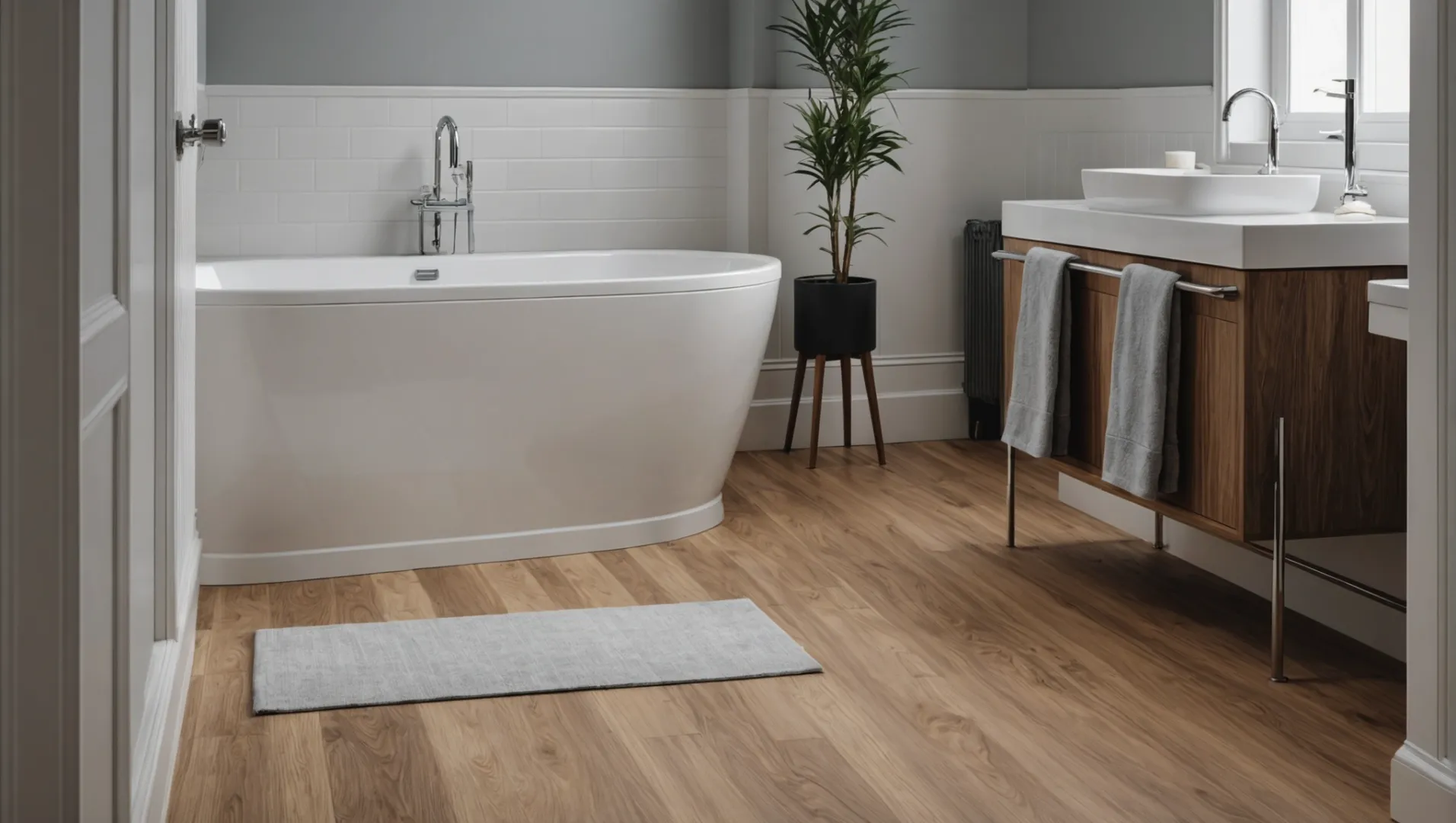 Bathroom with PVC and treated wood skirting boards