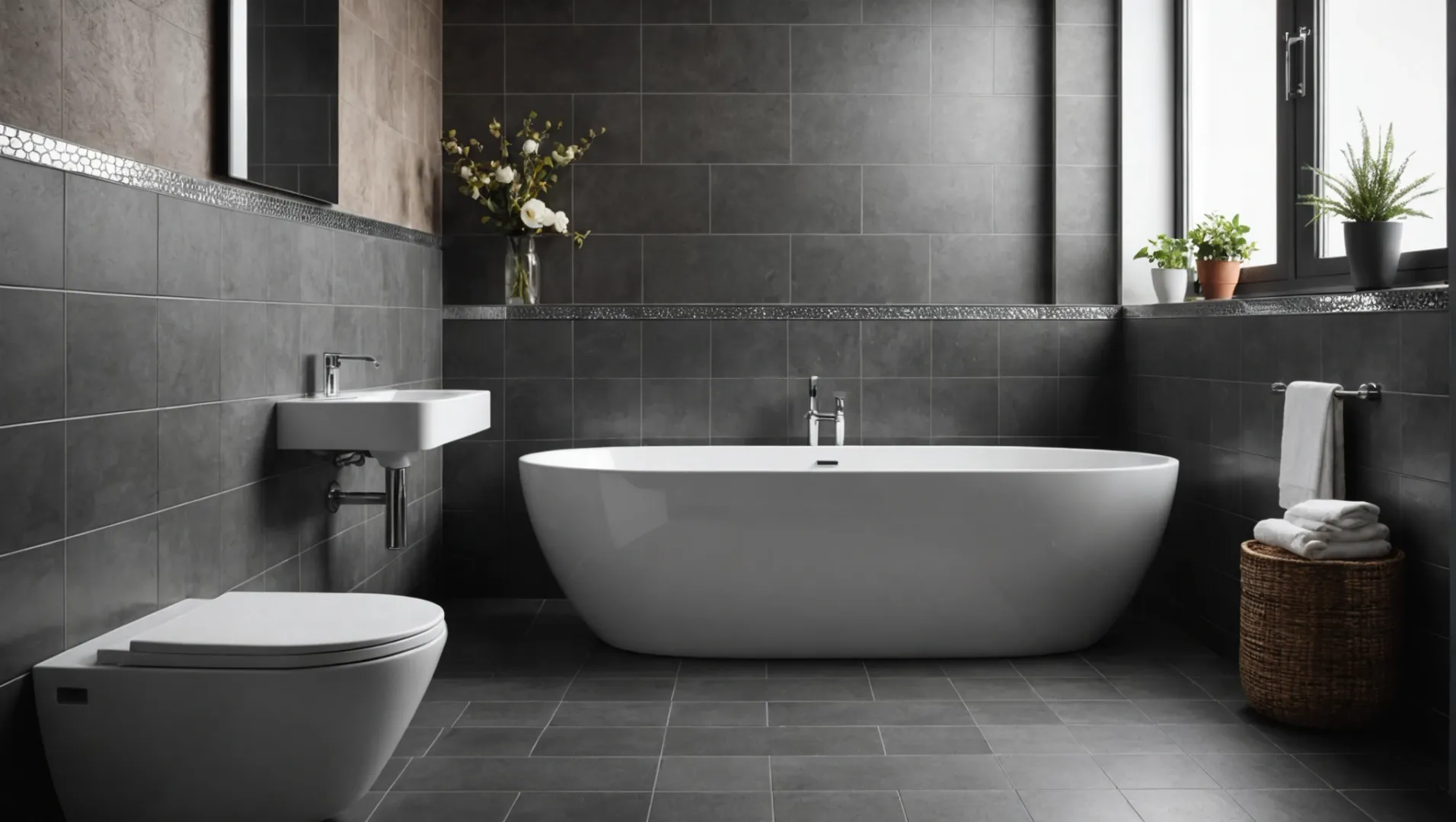 Bathroom with tile trim instead of skirting boards