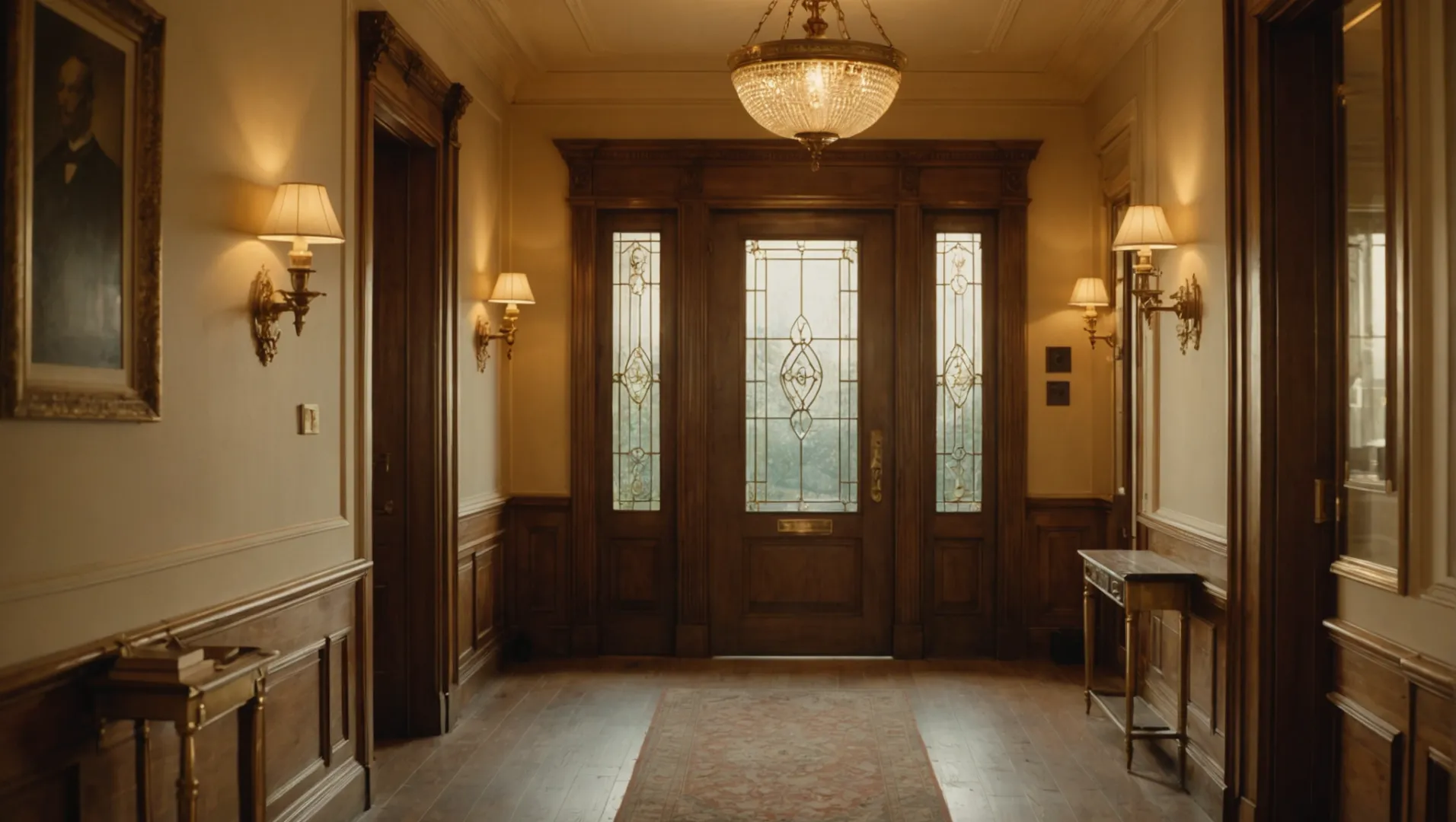 Elegant brass light fixture and door handle in a classic interior setting