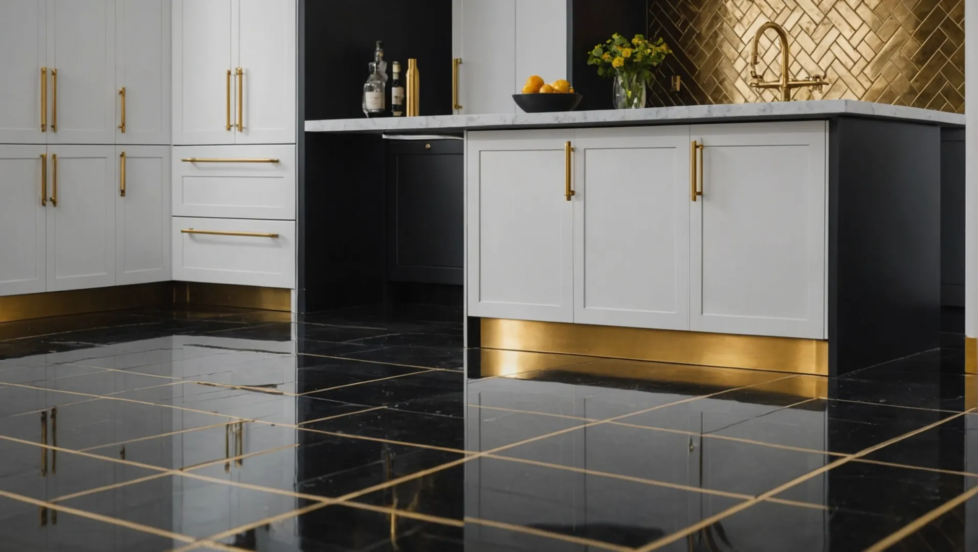 A close-up view of brass tile trim in a modern kitchen setting