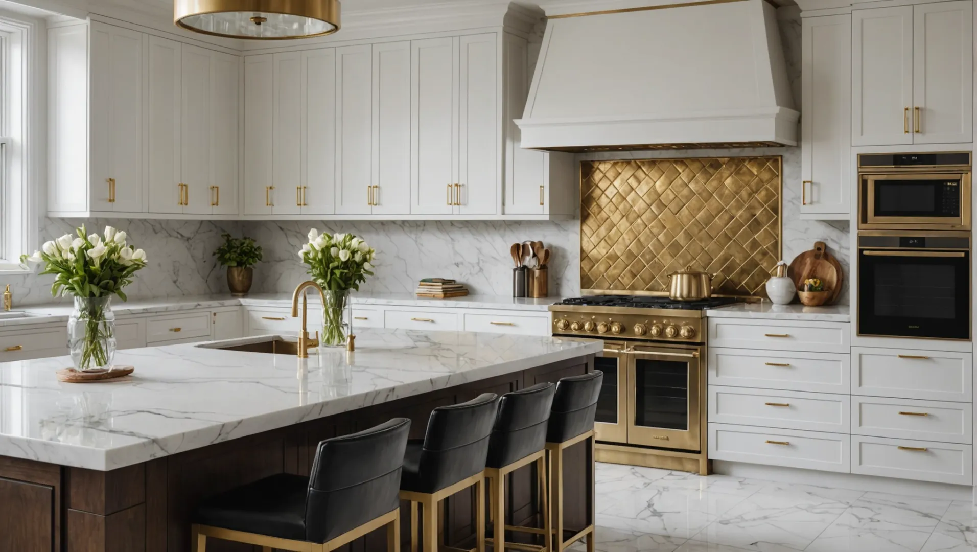 Modern Kitchen with Brass Tile Trim A modern kitchen showcasing brass tile trim with sleek design