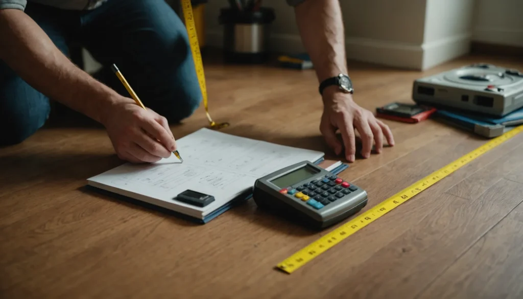 Person measuring a room for trim with a tape measure