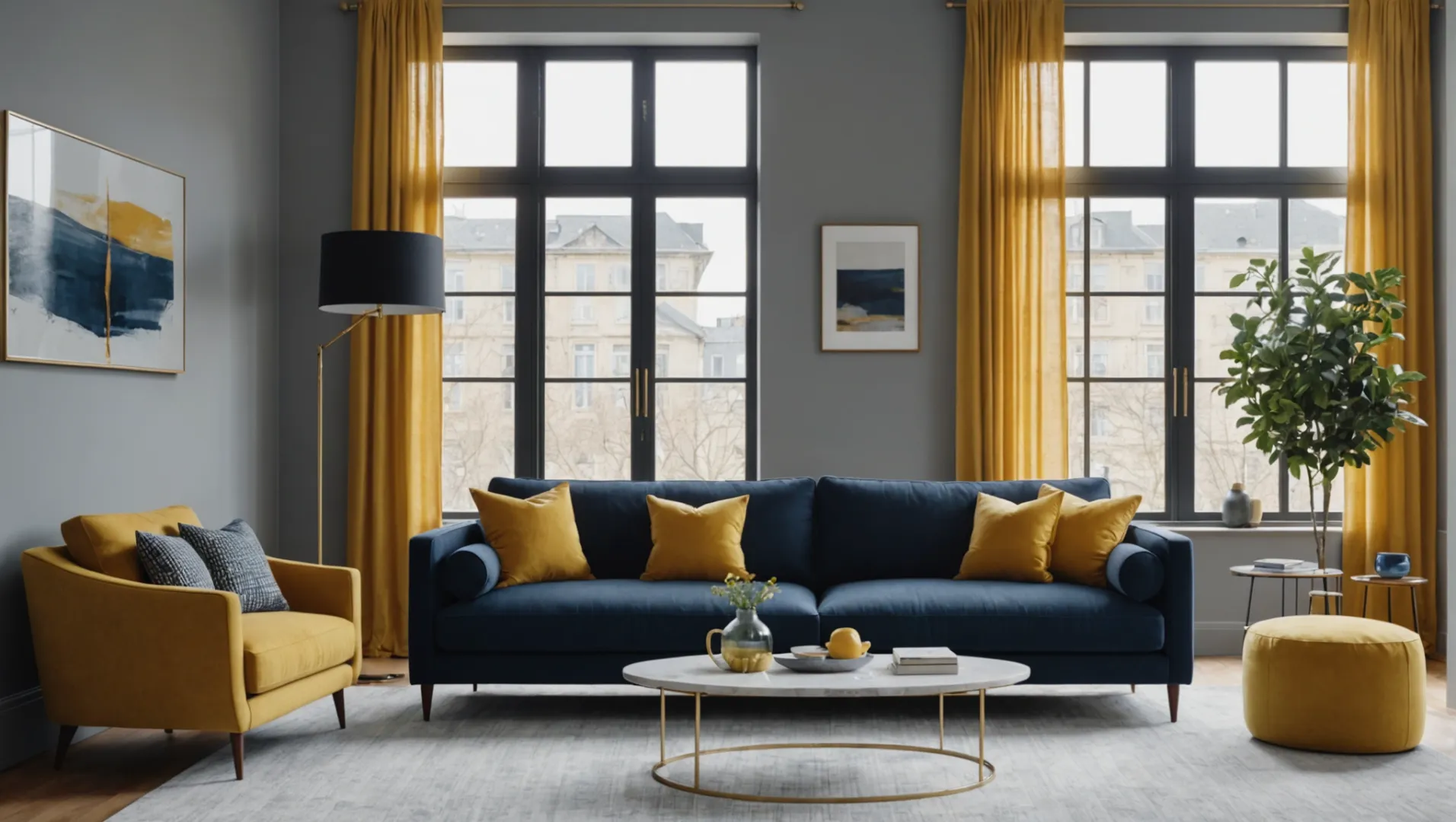 Living room showcasing a harmonious color scheme with soft grey walls, deep blue sofa, and mustard yellow accents