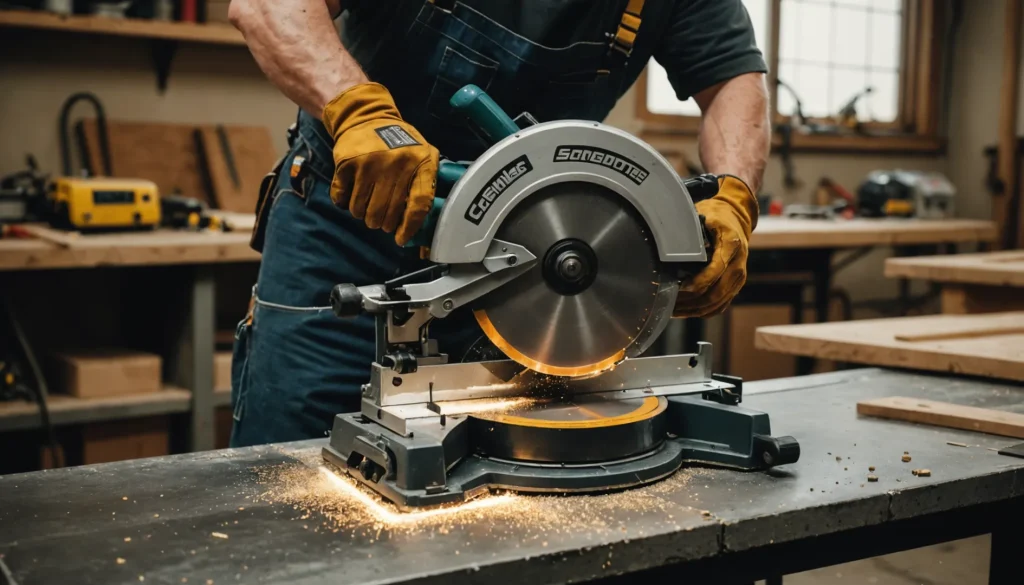 A person cutting metal tile trim using a miter saw with a metal-cutting blade.