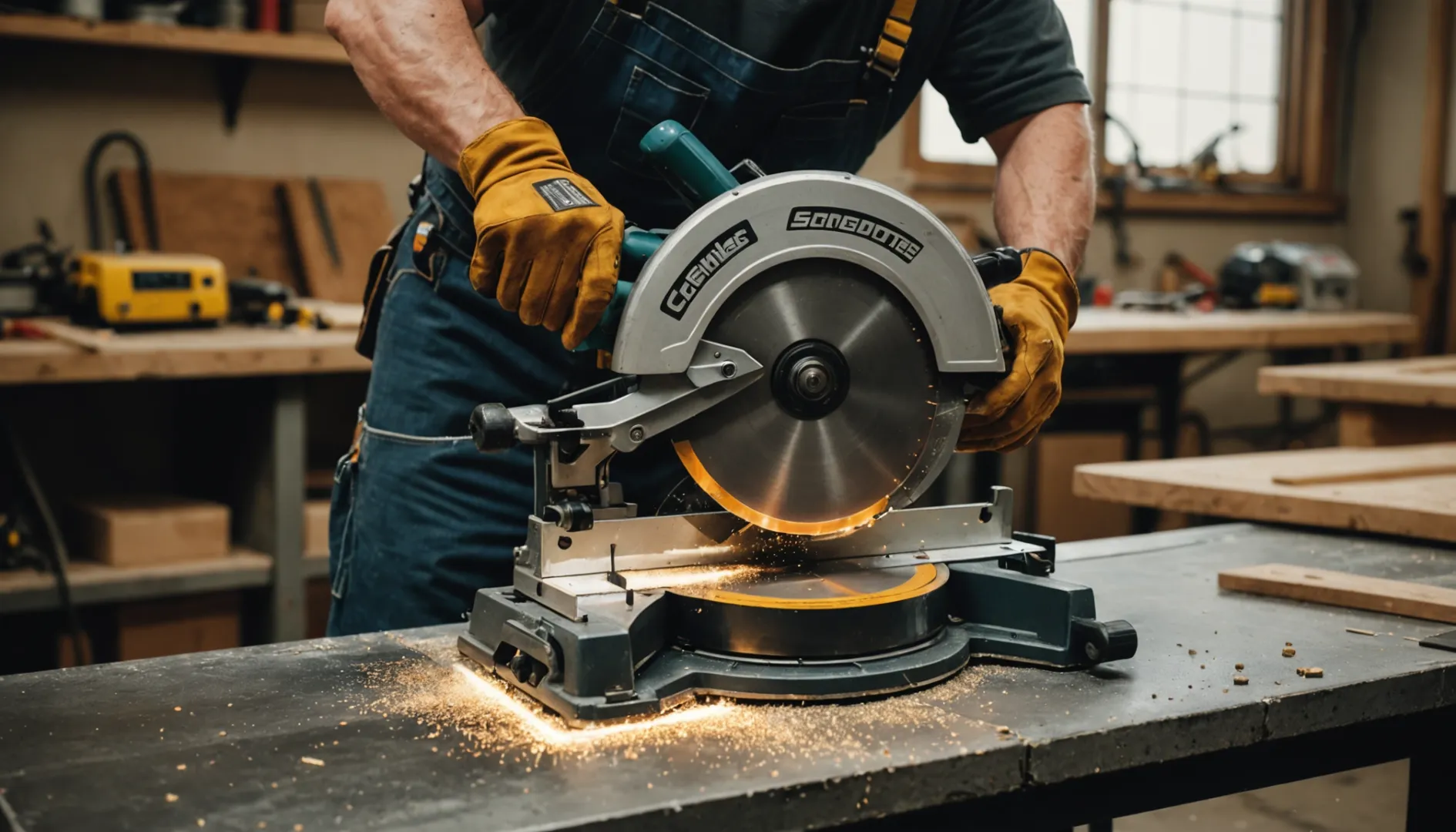 A person cutting metal tile trim using a miter saw with a metal-cutting blade.