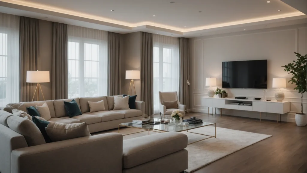 Modern living room with discreetly hidden LED strip lights