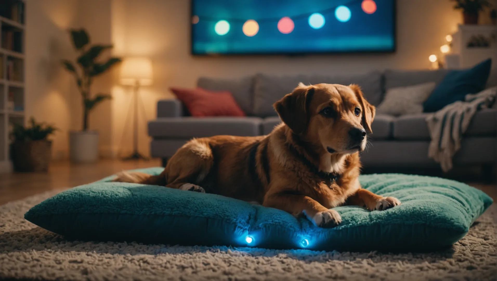 Dog lying under LED lights with different colors