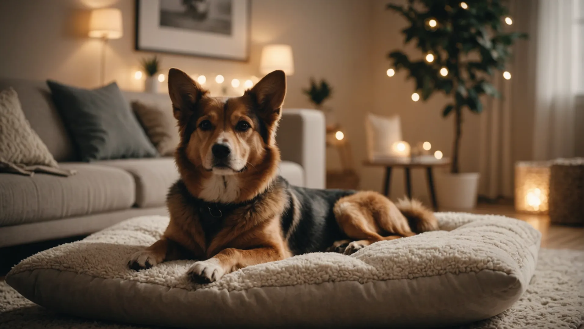 A dog resting peacefully under warm, soft LED lighting.