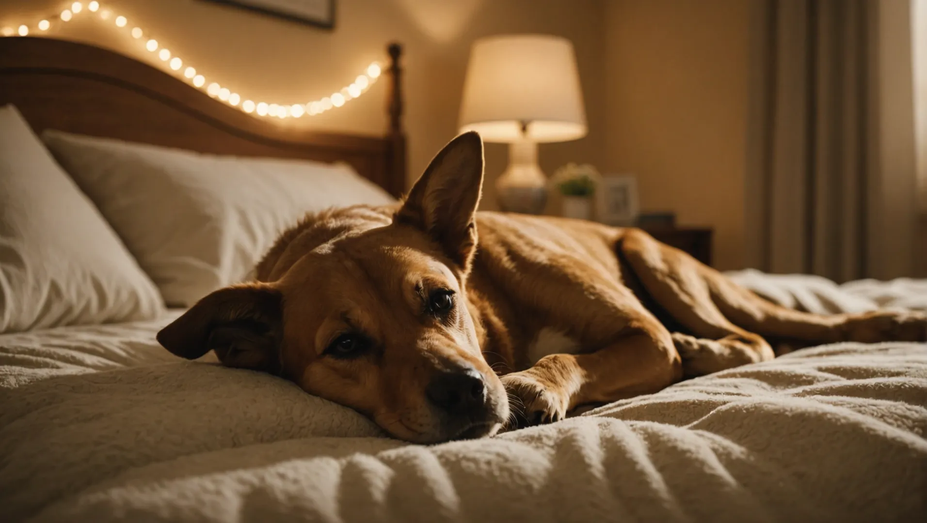 A dog sleeping peacefully under warm LED lights