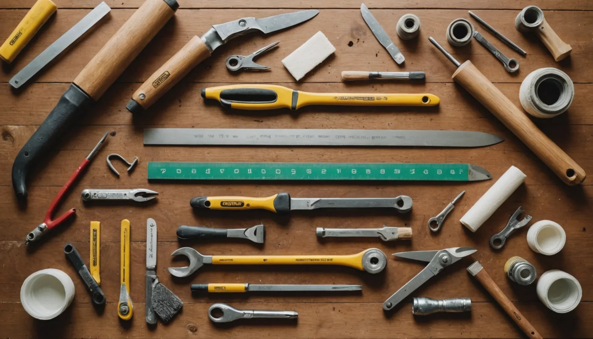 A collection of essential tools for replacing tile trim displayed on a wooden surface.