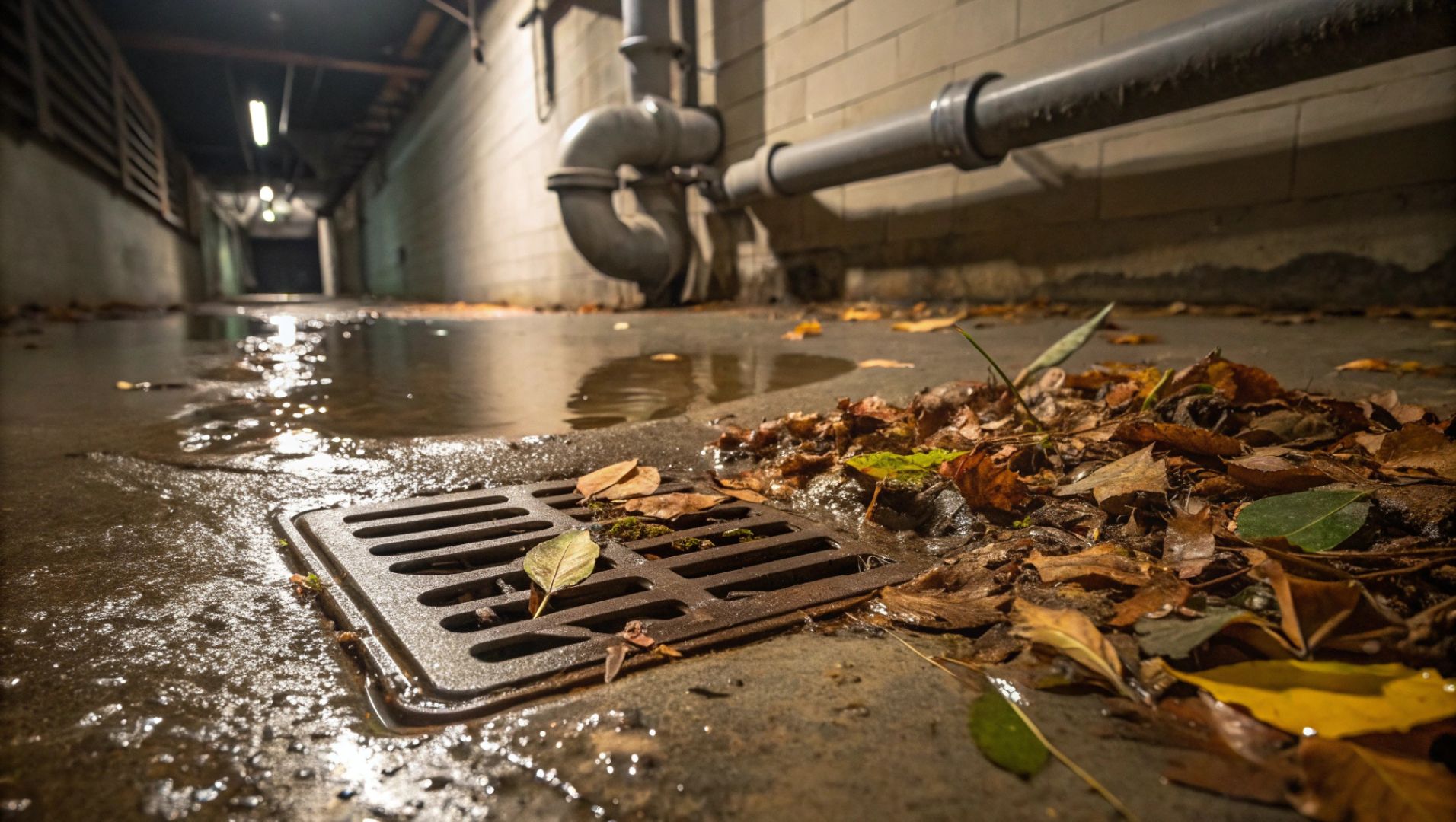Floor Drain Backup Causes A floor drain surrounded by debris, water pooling around it