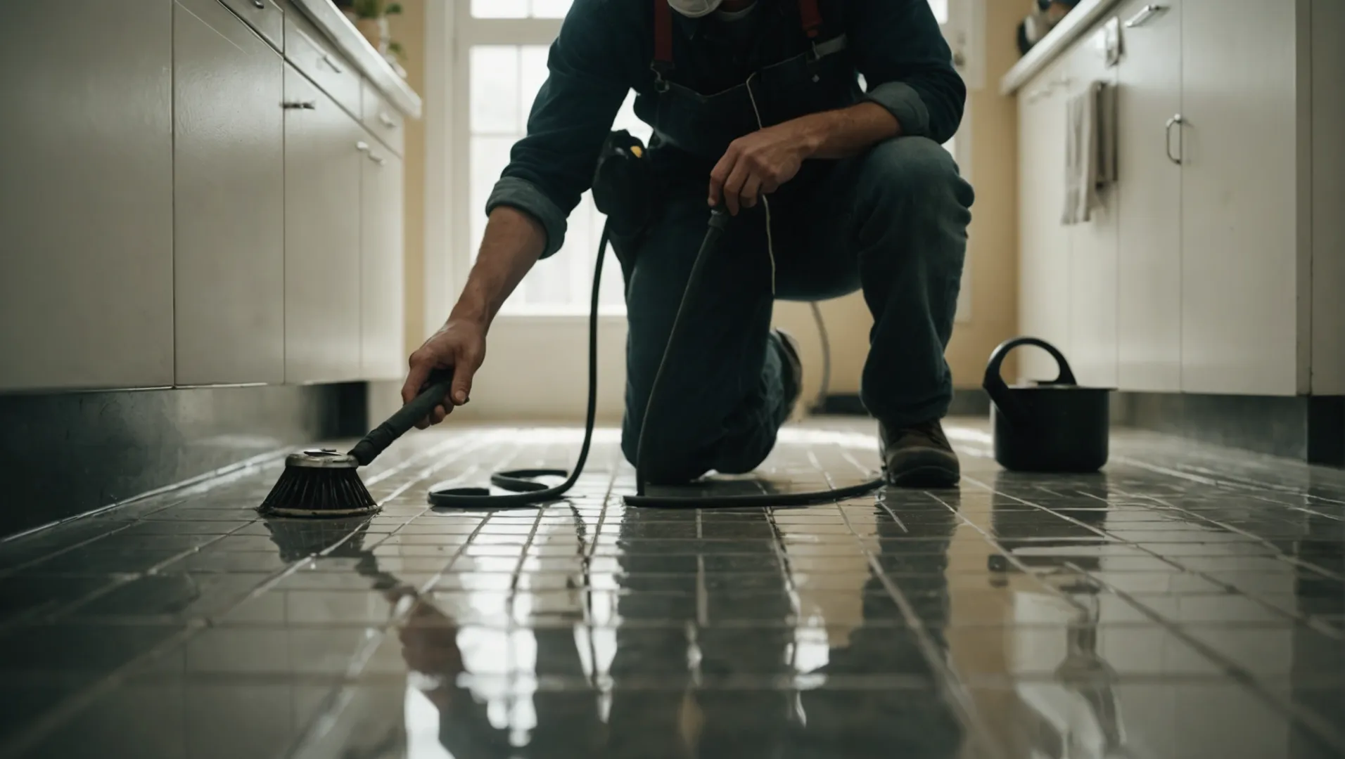 A person cleaning a floor drain with a wire brush and hot water