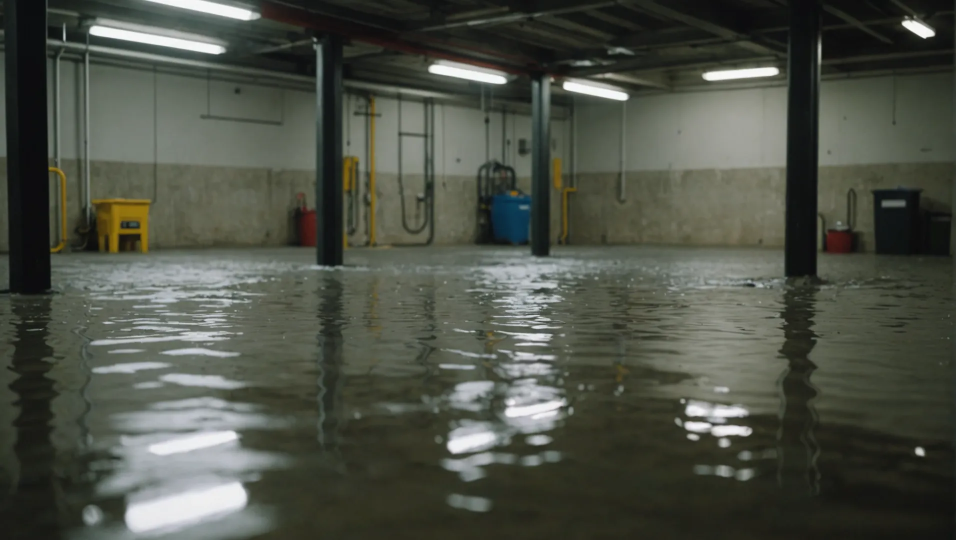Floor drain in a basement with water flowing into it, demonstrating its role in preventing mold
