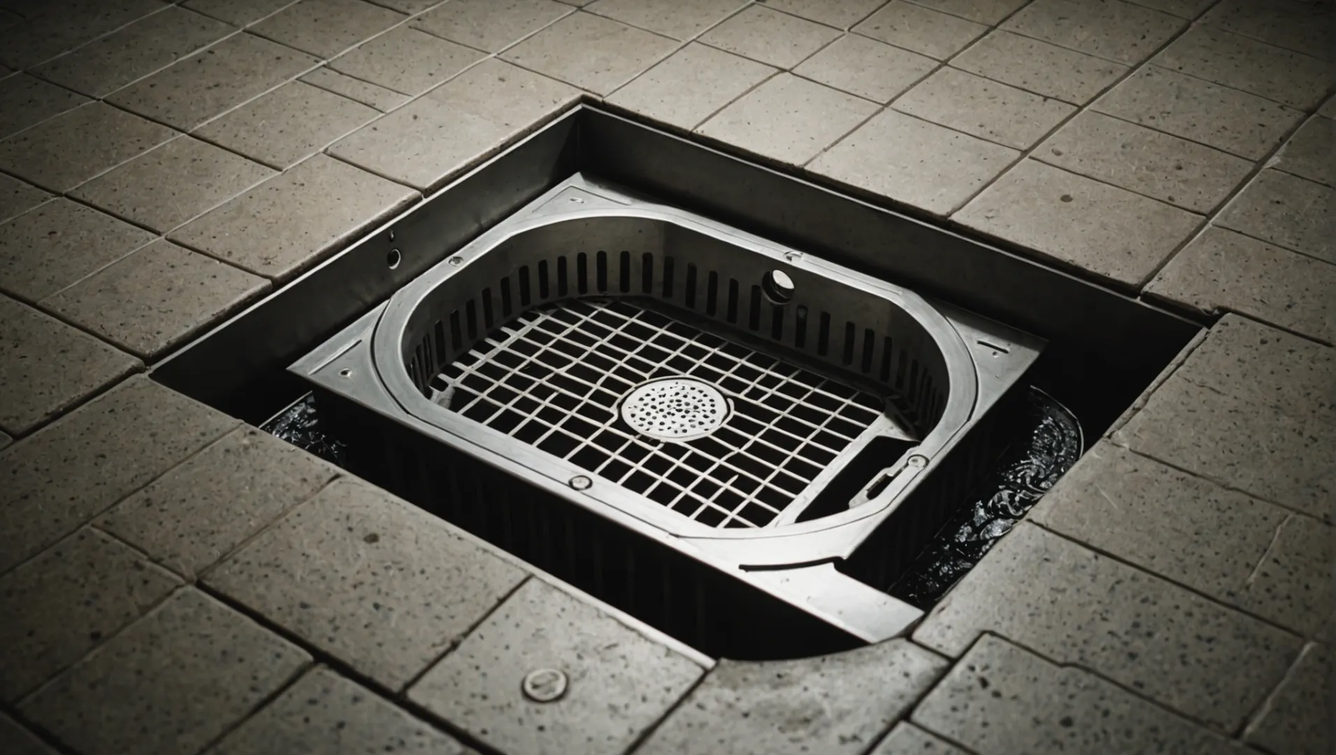 Cutaway view of a floor drain system showing components like the grate, sump, and drainage pipe.