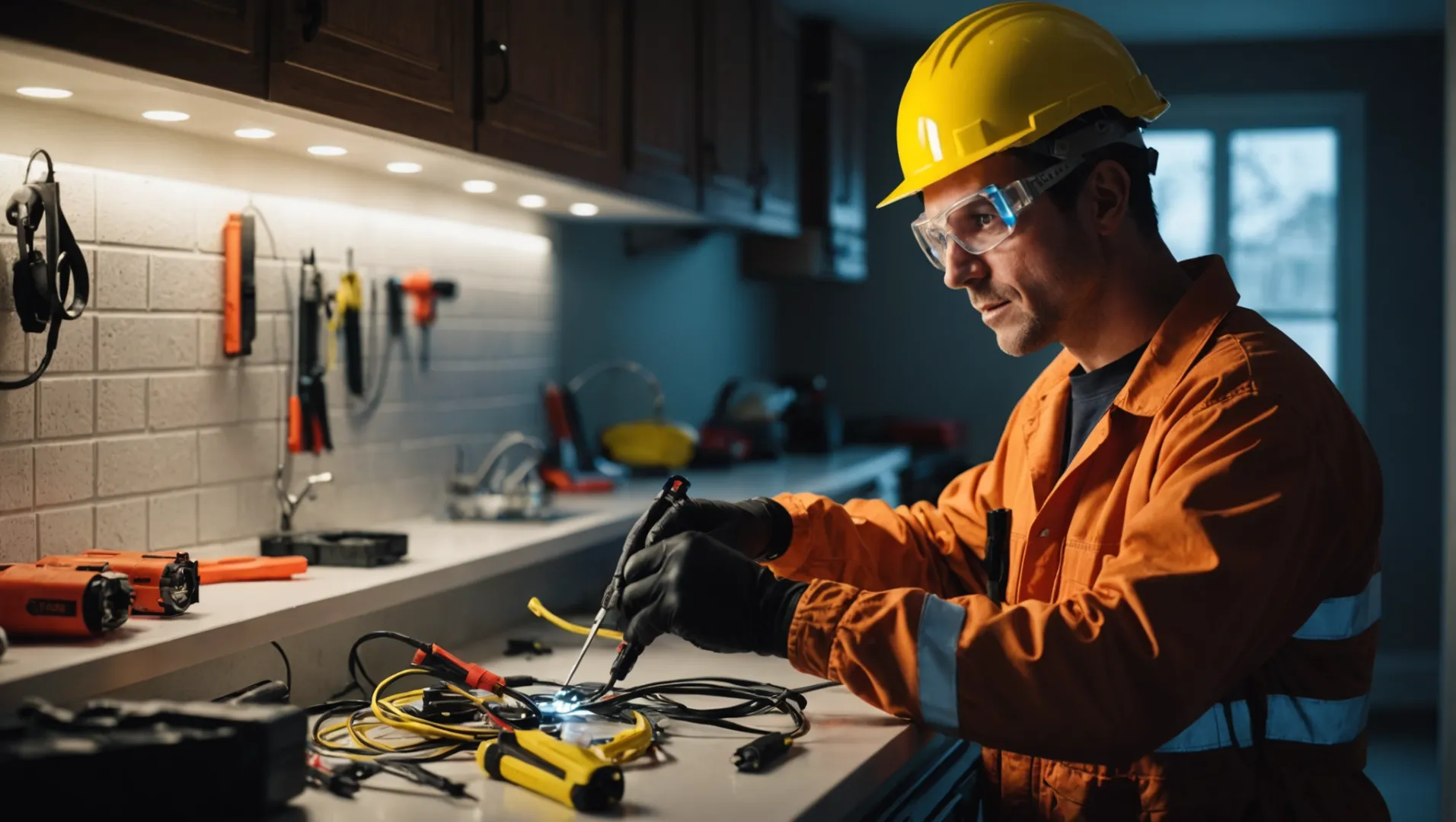 Person hardwiring LED strip lights with tools and safety gear