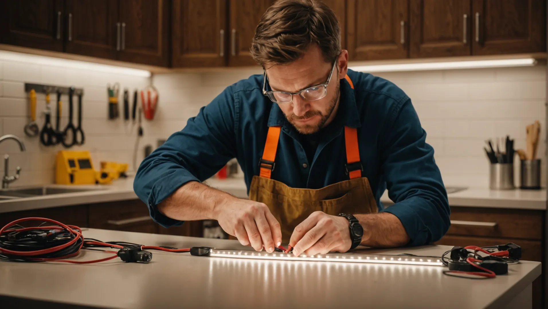 Image of an electrician installing LED strips with tools.