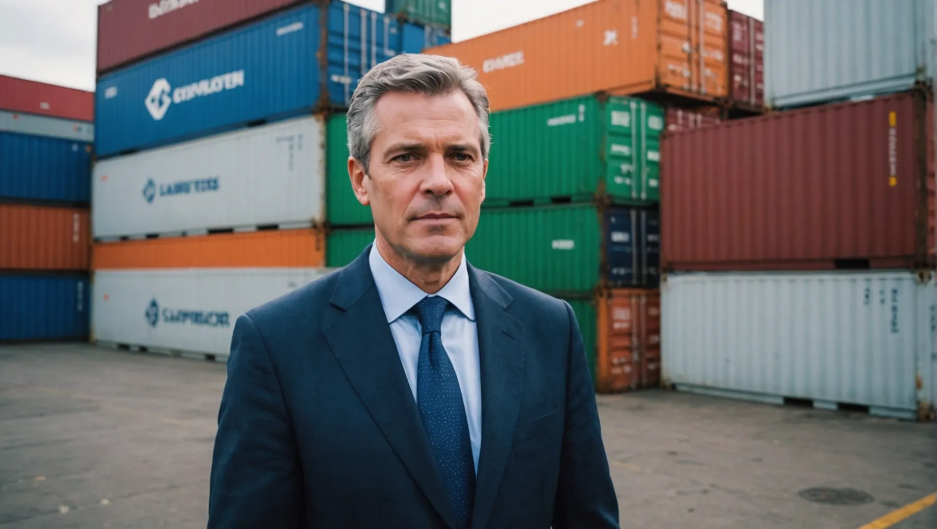 A businessman examining LED aluminum profiles with shipping containers in the background