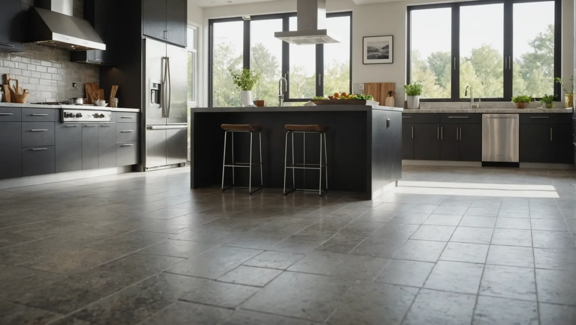 A modern kitchen with a sleek floor drain integrated into the tile flooring.