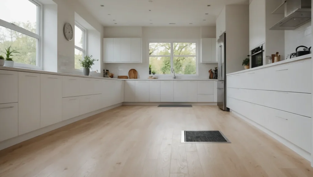 Modern kitchen with a newly installed floor drain
