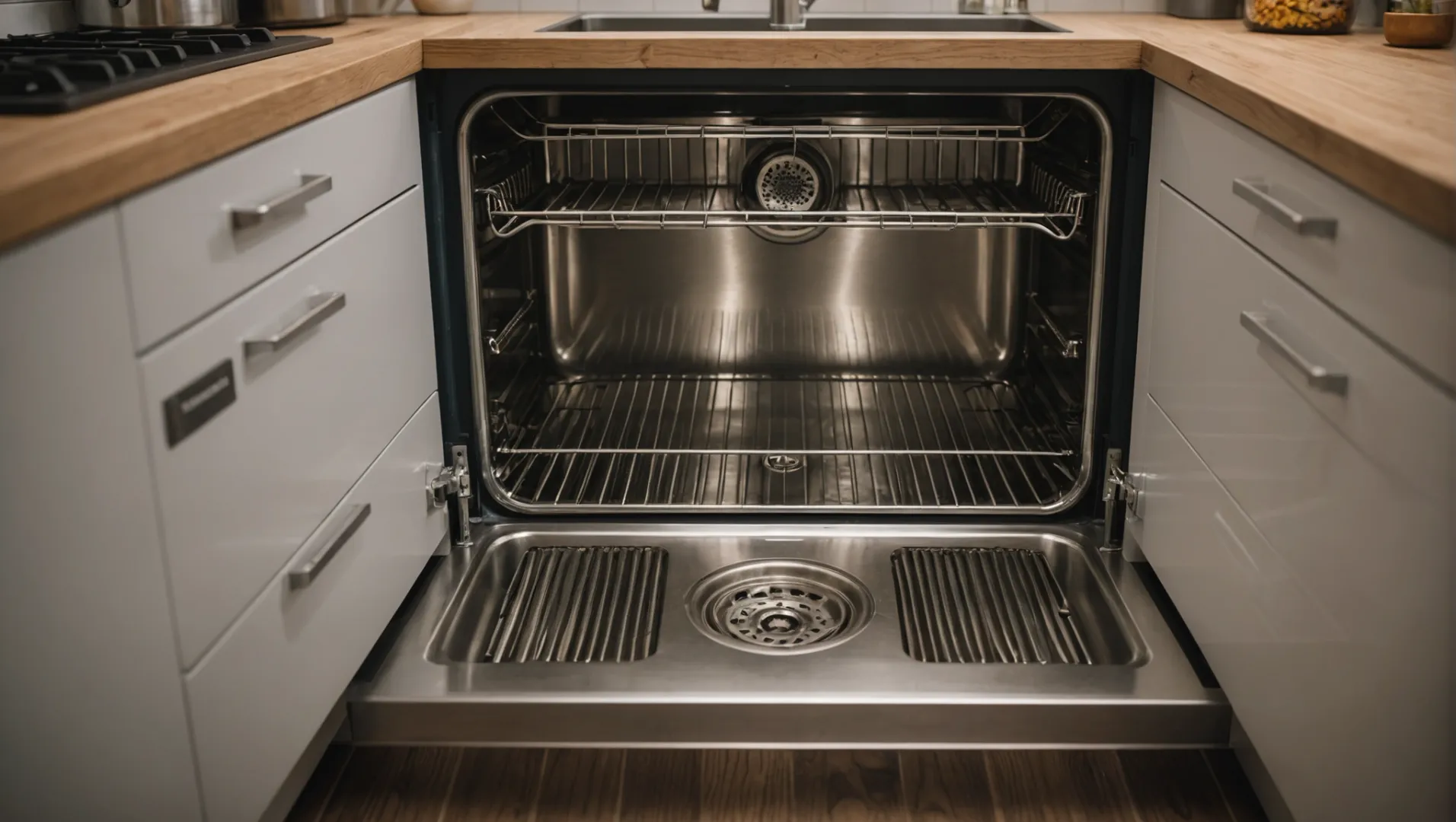An illustration of a kitchen floor with a newly installed floor drain, showing detailed plumbing and floor modifications.