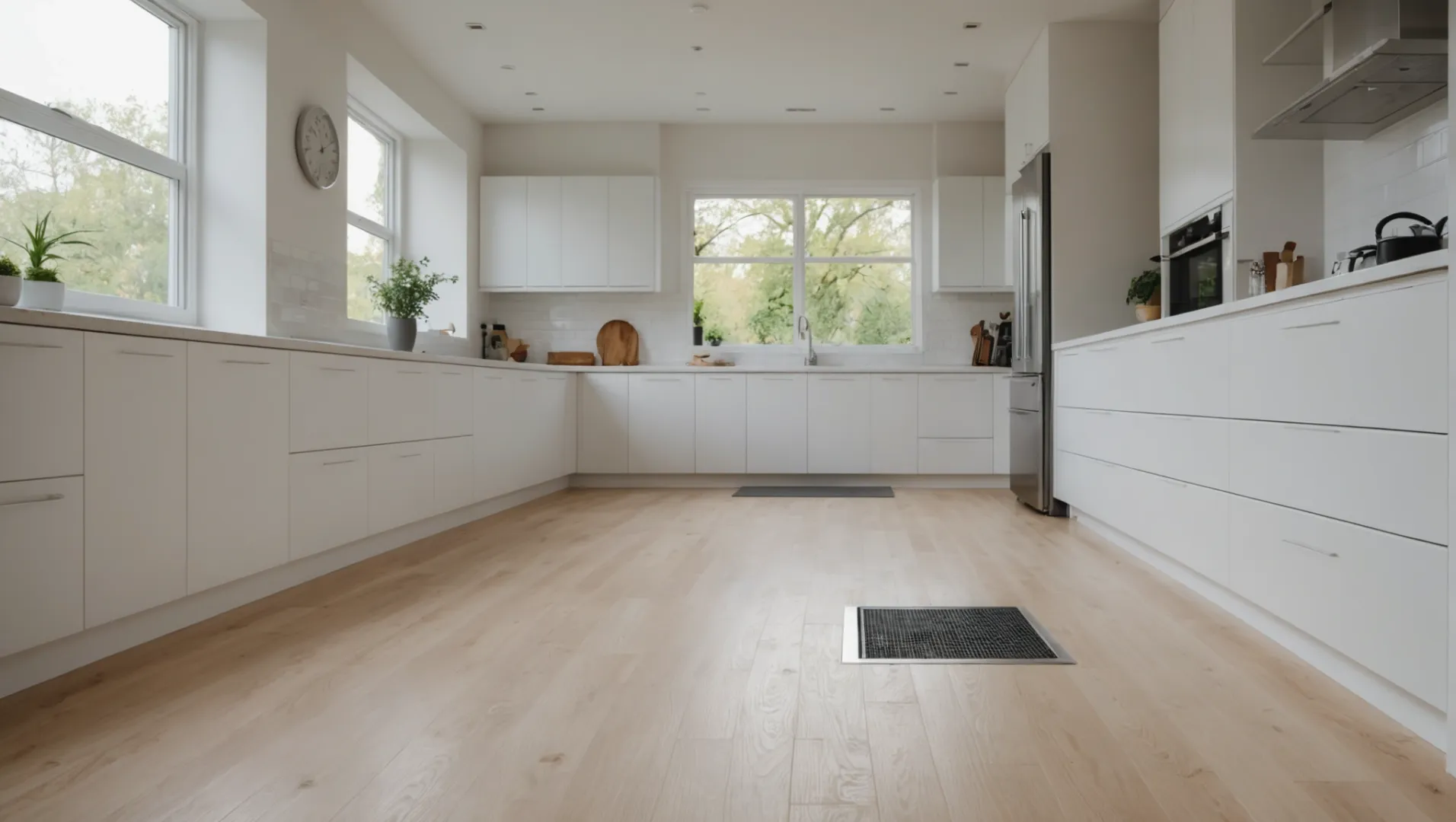 Modern kitchen with a newly installed floor drain