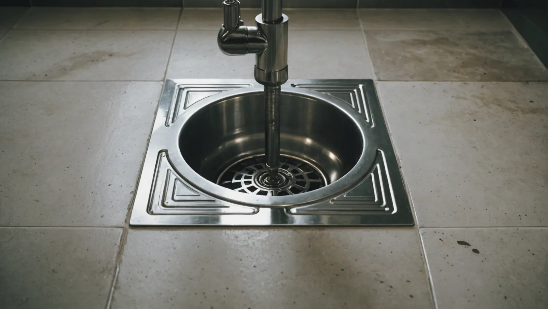 A kitchen floor with a visible drain and plumbing tools nearby, illustrating local regulations for floor drains.