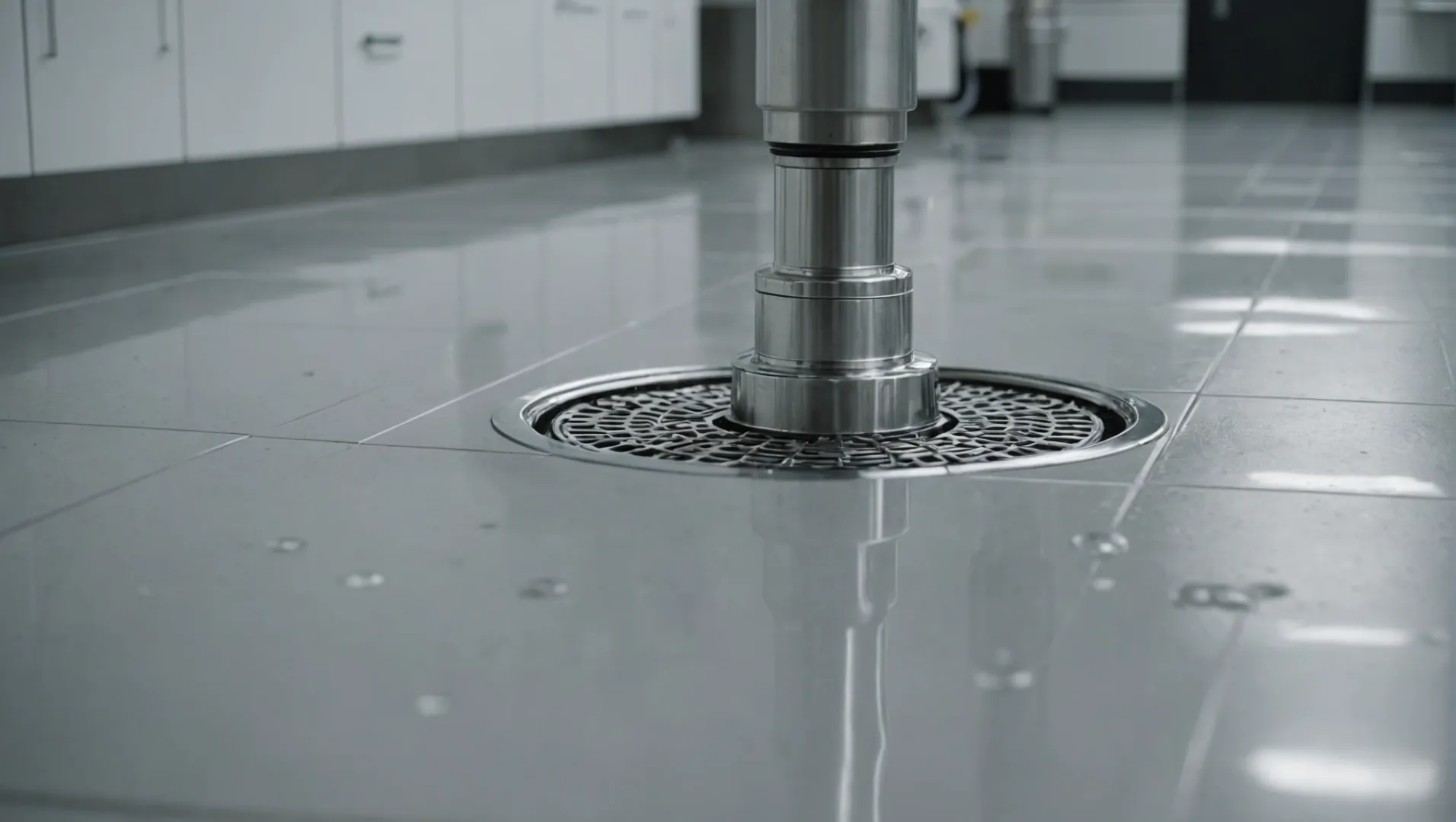 A kitchen floor with a stainless steel floor drain integrated into the tile.