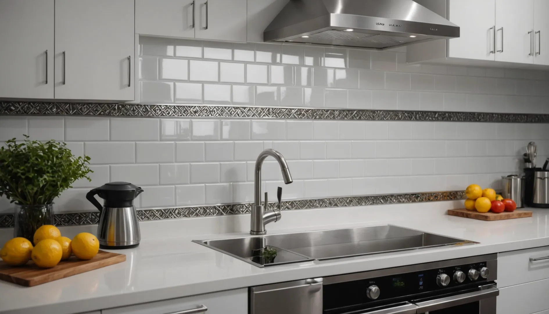 A modern kitchen showcasing the use of tile trim on countertops and backsplash.