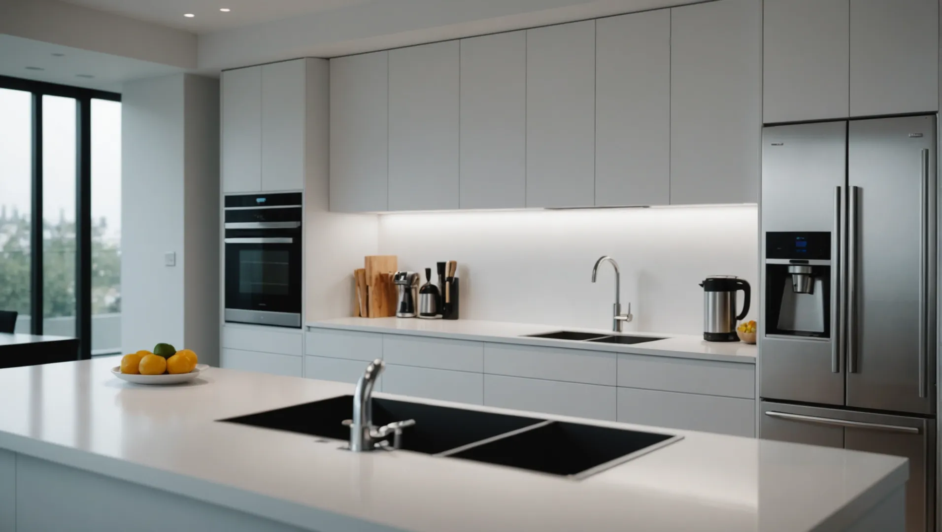 LED channels installed under kitchen cabinets with soft white light