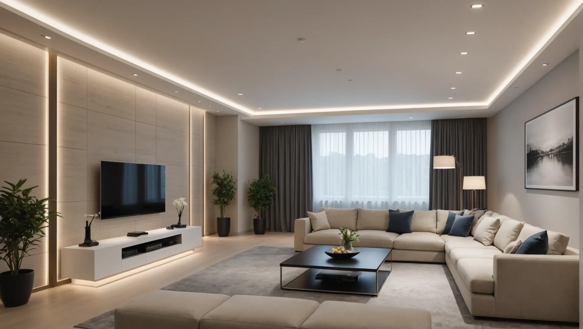Modern interior with LED channels integrated into the ceiling and walls