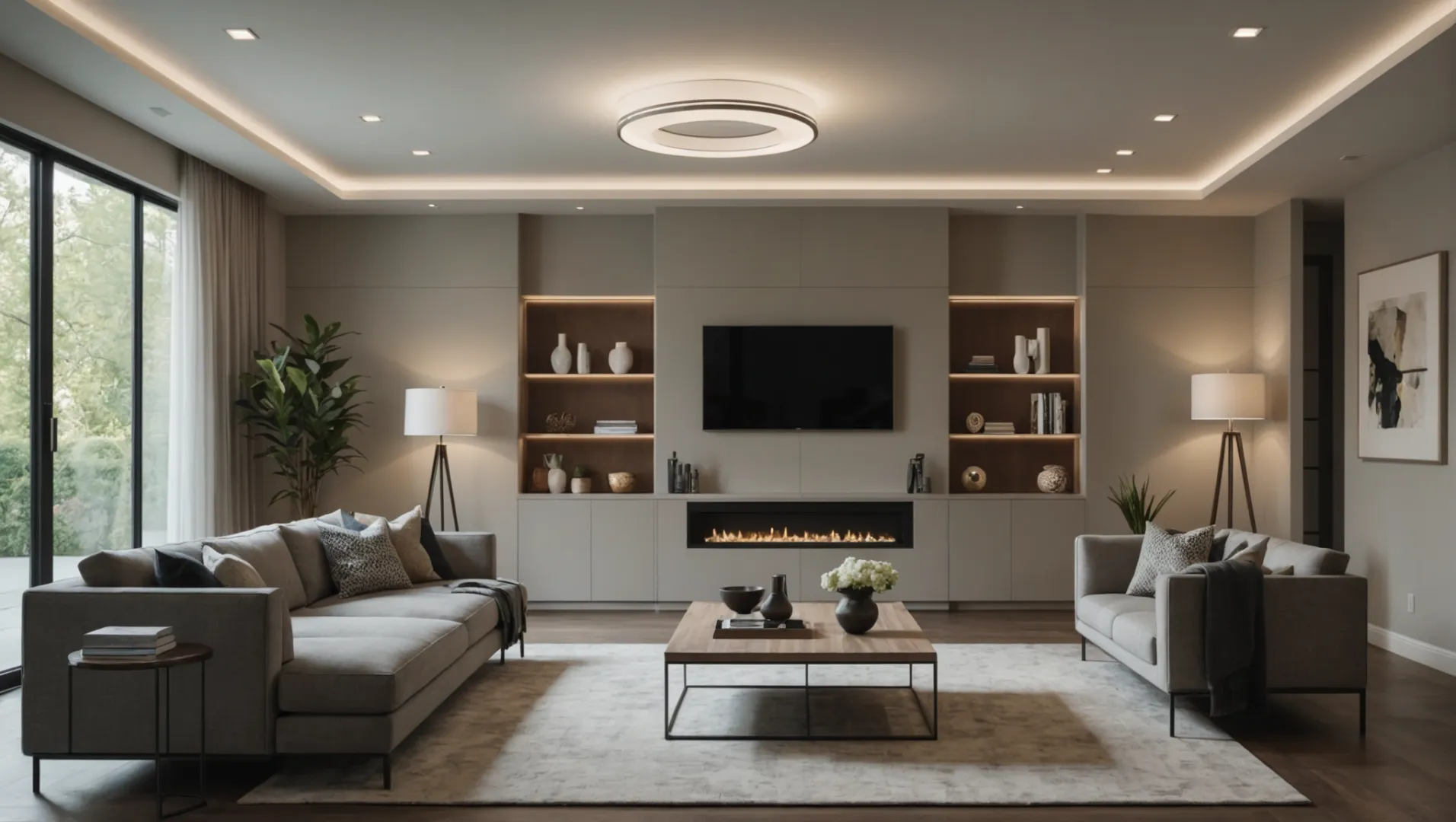 Modern living room with various LED light fixtures