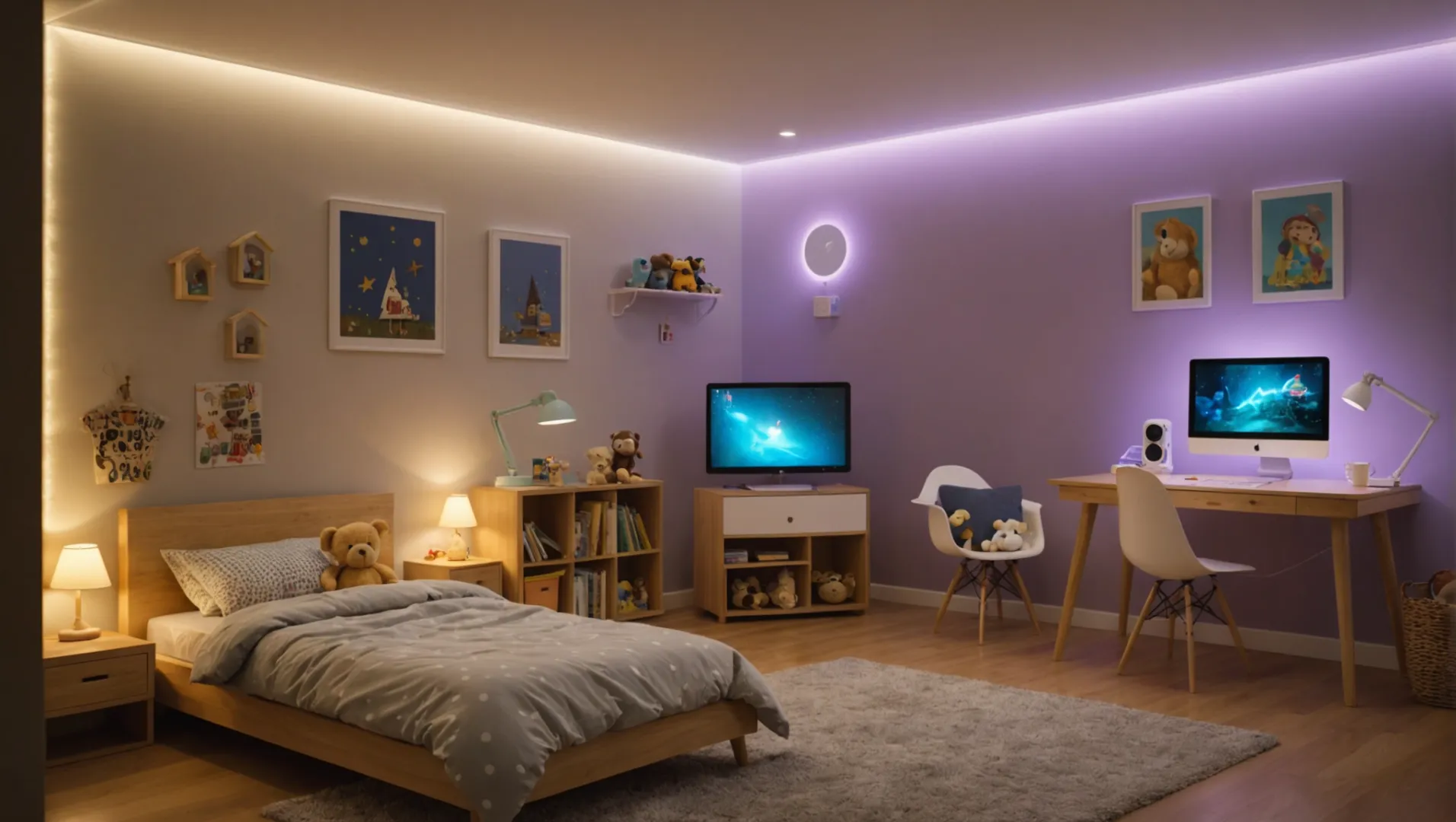 A child's bedroom with LED light strips safely installed.