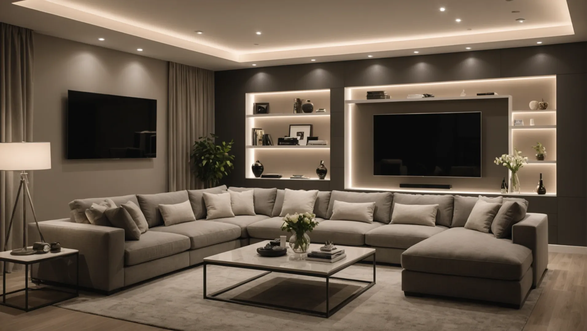 Living room with strategically placed furniture concealing LED lights