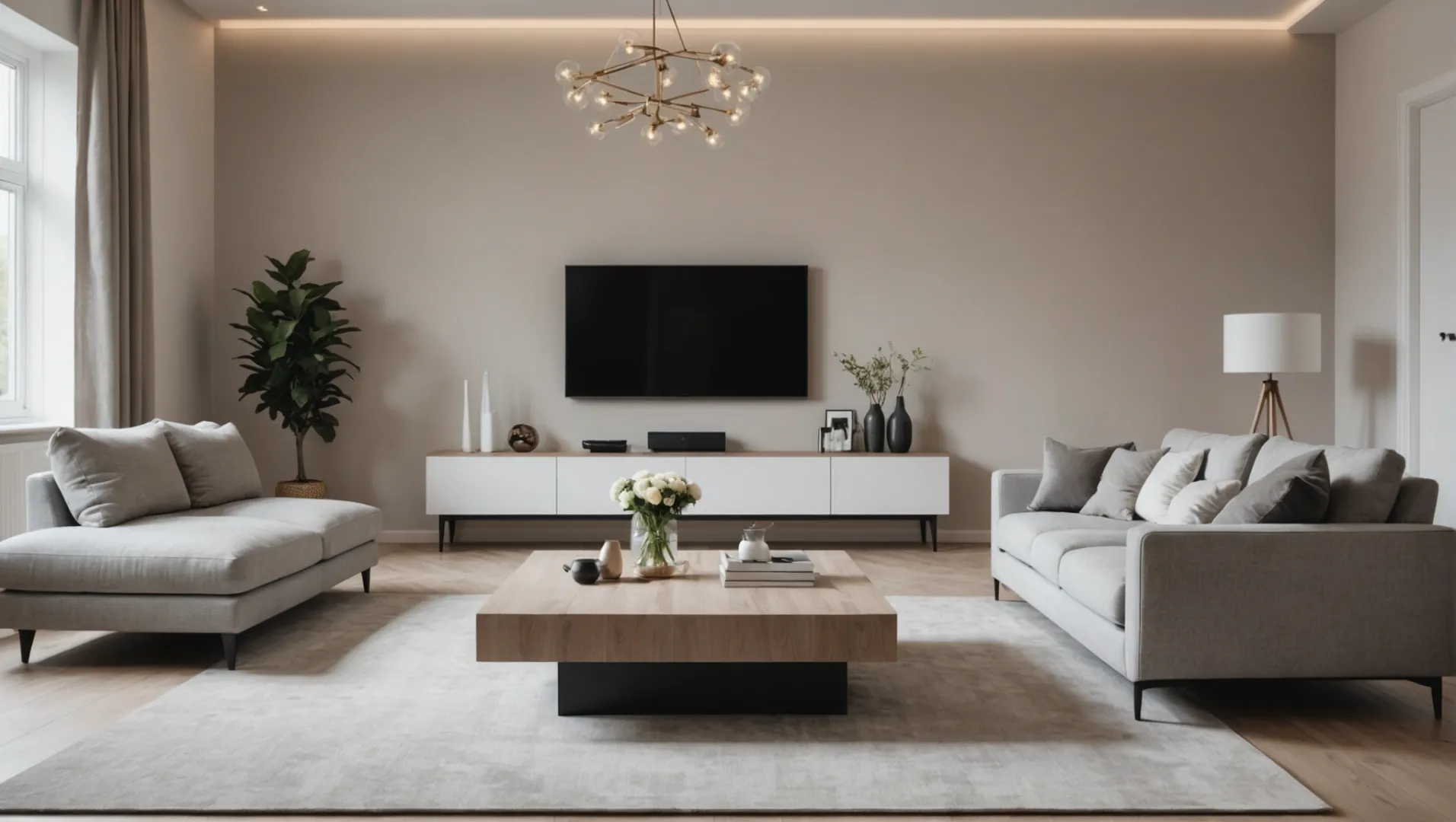 Modern living room with LED skirting boards glowing softly