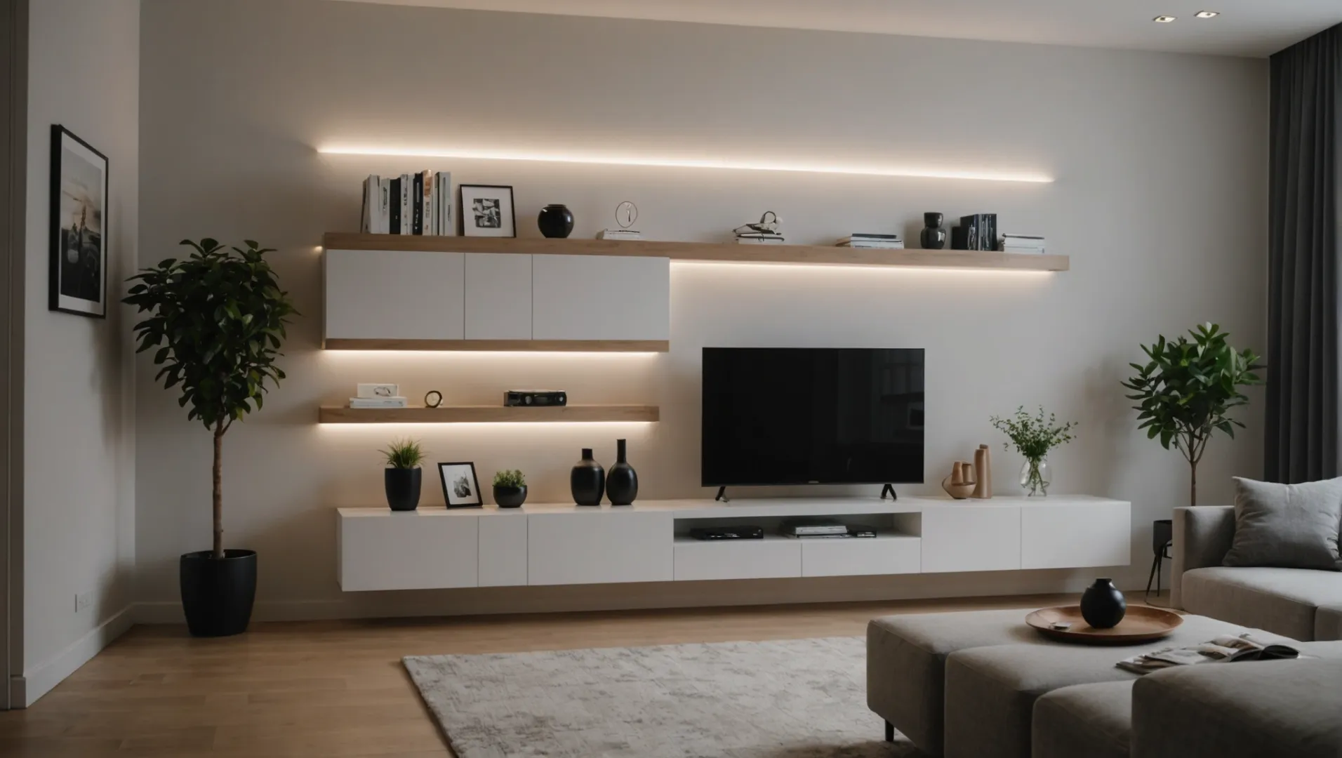 LED Strip Light Energy Usage LED strip light glowing under a modern shelf