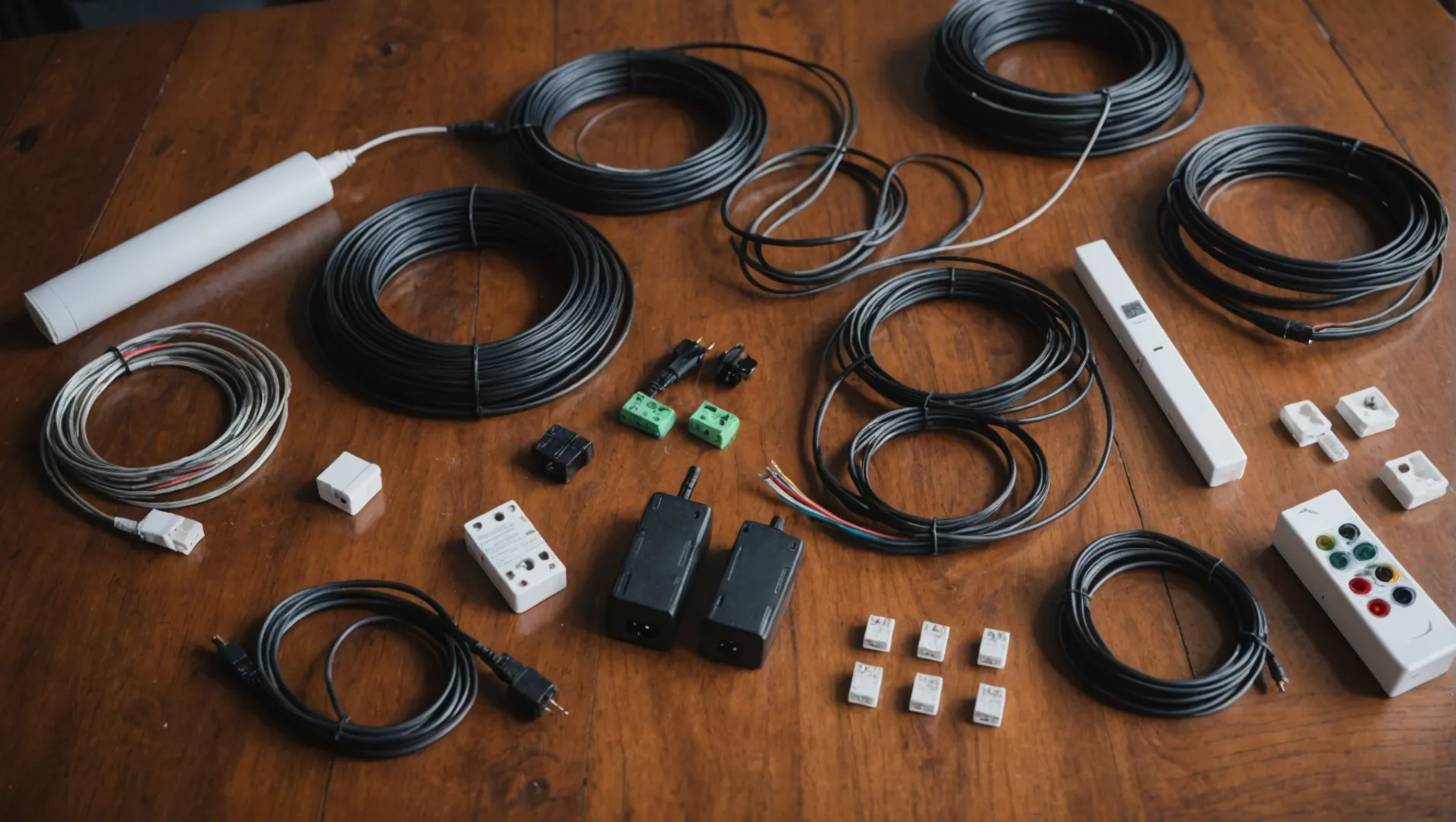 A hardwiring kit for LED strip lights laid out on a table.