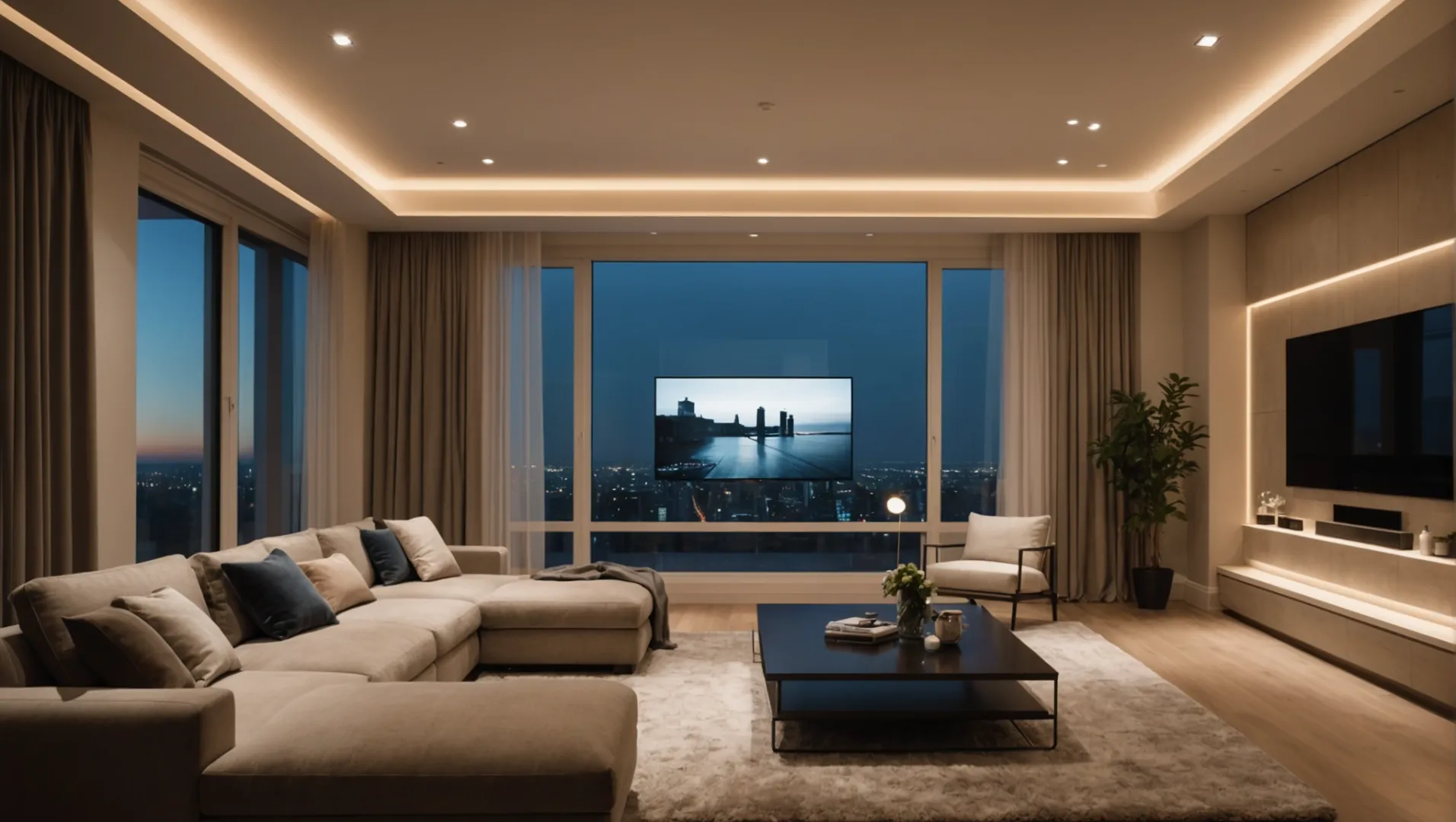 LED strip lights glowing in a modern living room setup