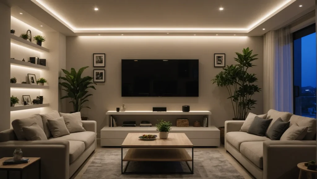 LED strip lights illuminating a room with a cozy ambiance at night