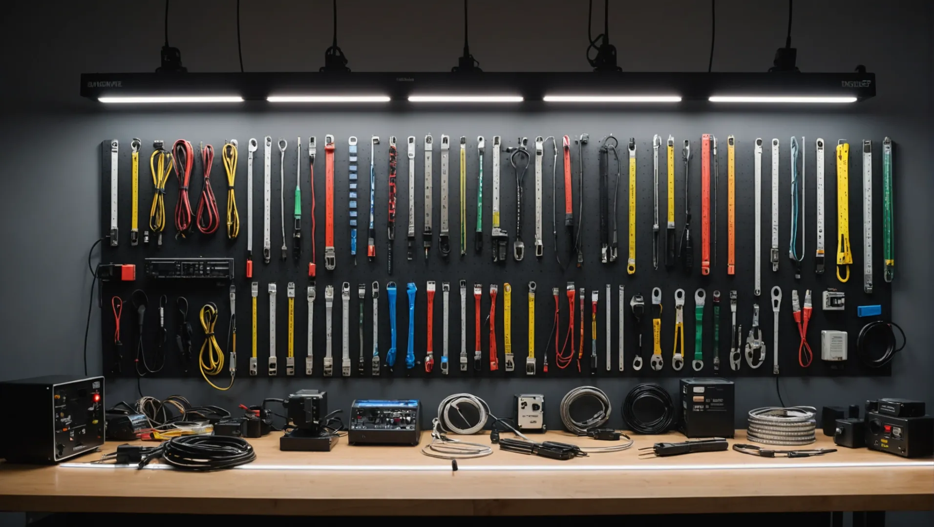 Various LED strips of different widths displayed in a workshop setting