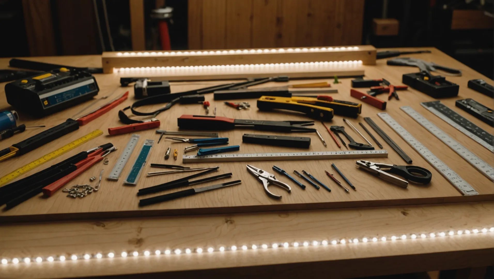 Various widths of LED strips displayed on a workbench with tools and connectors