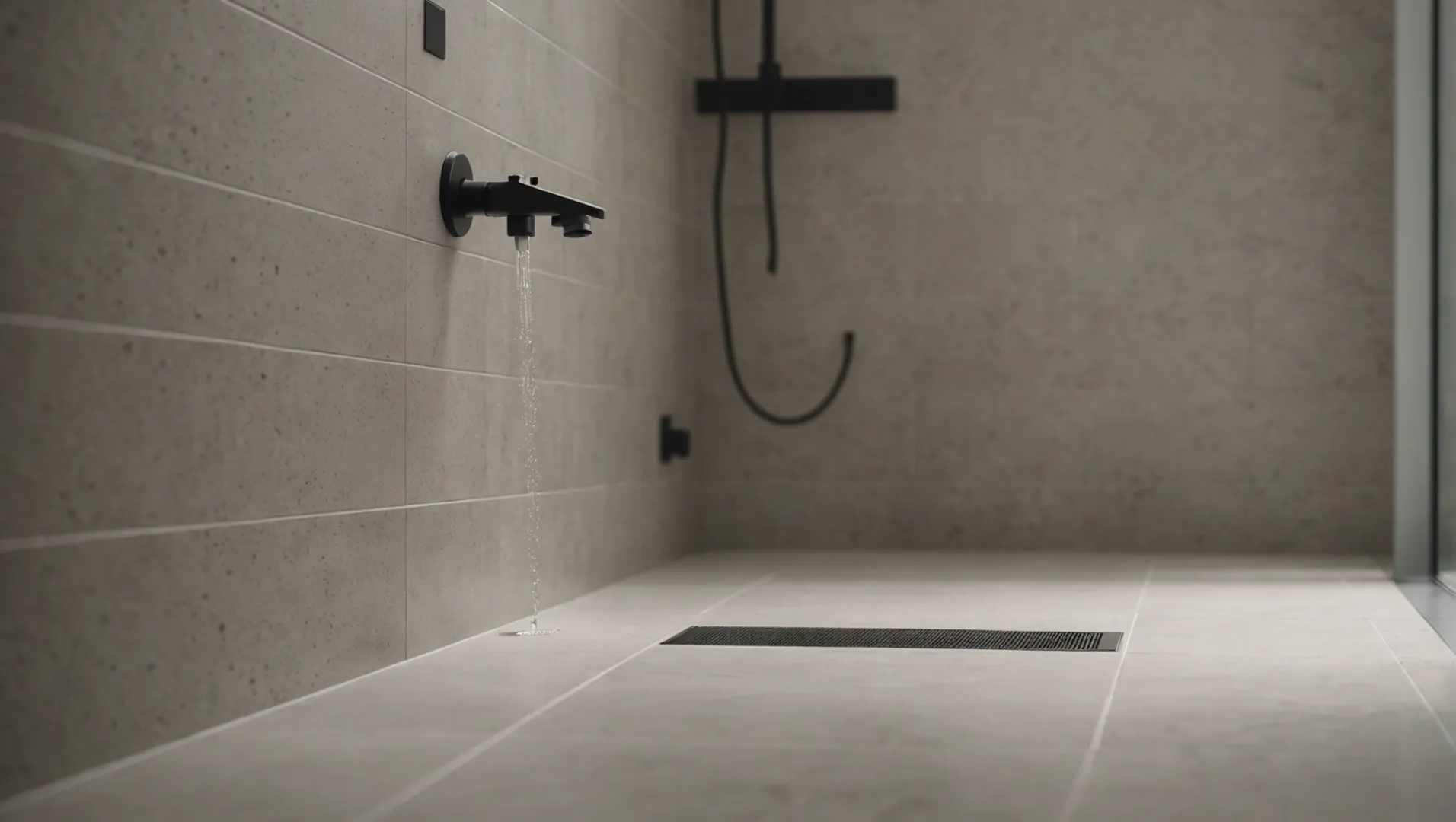 Bathroom with linear shower drain and single-slope floor