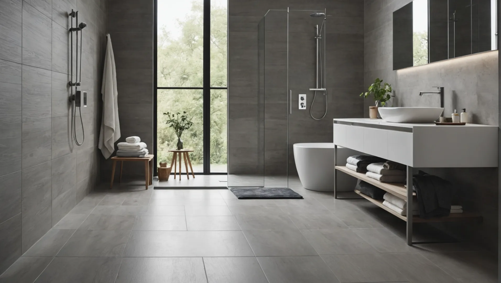A modern bathroom with a linear shower drain