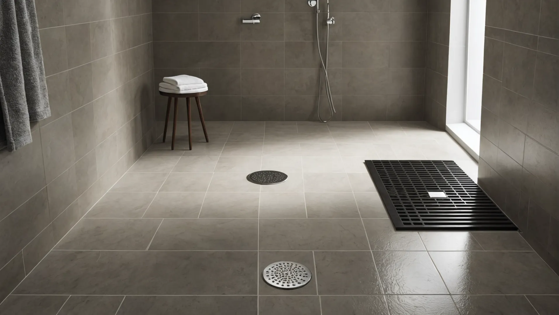Comparison between a linear drain and a traditional shower drain in a modern bathroom setting.