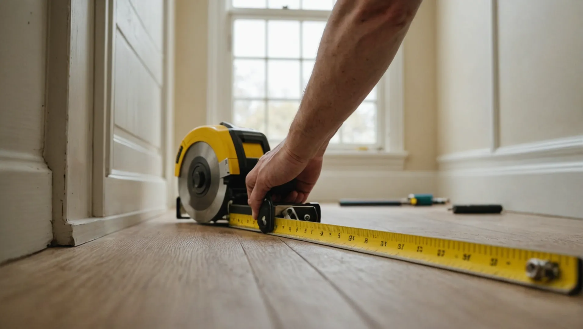 Person measuring room perimeter for skirting boards