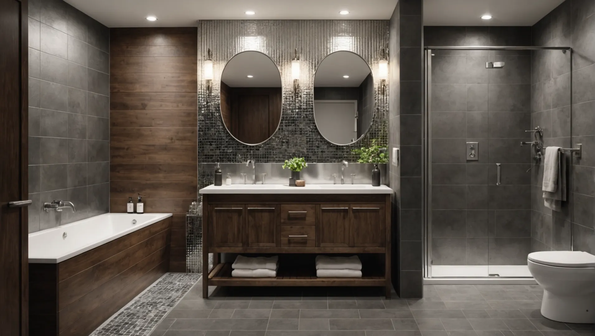 A side-by-side comparison of metal tile trim and bullnose tiles in a modern and rustic bathroom setting.