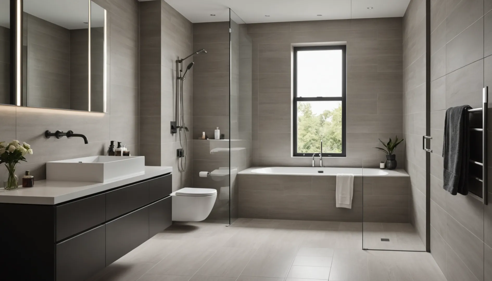 Close-up of mitered tile edges in a modern bathroom