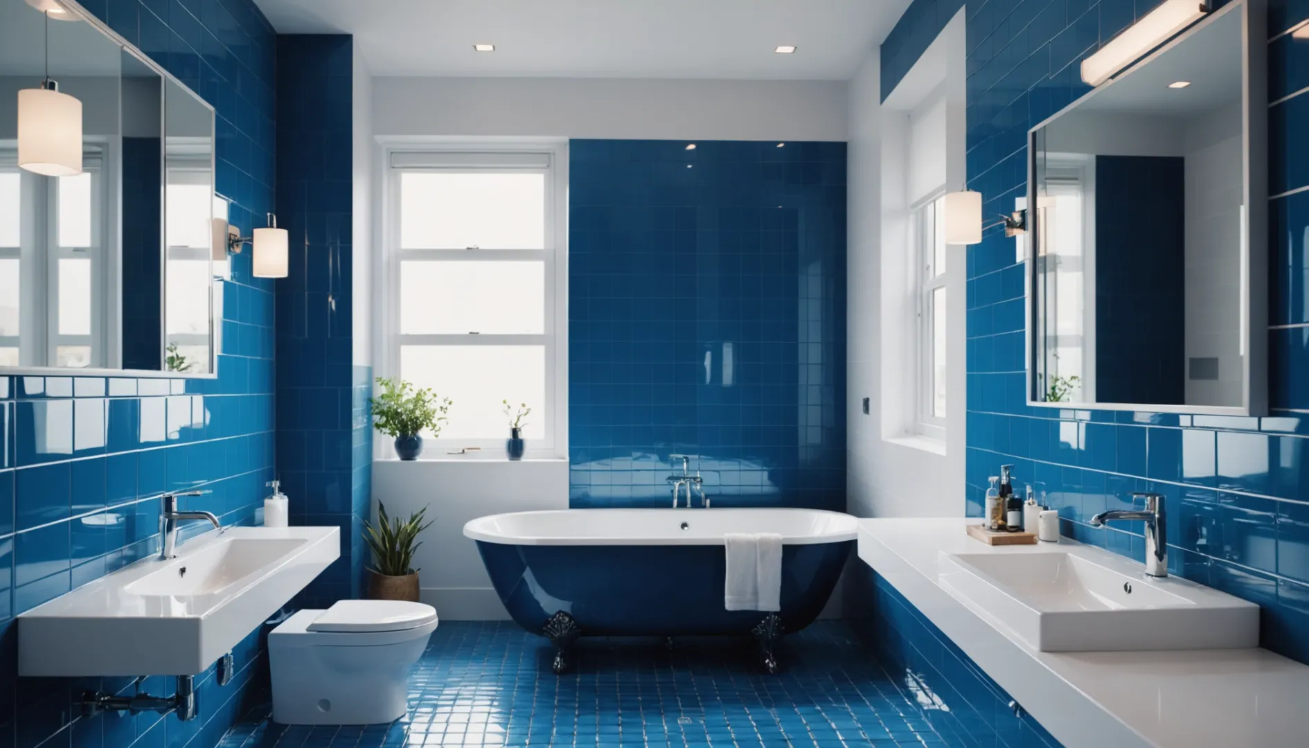 Modern bathroom with glossy white tiles and blue accents