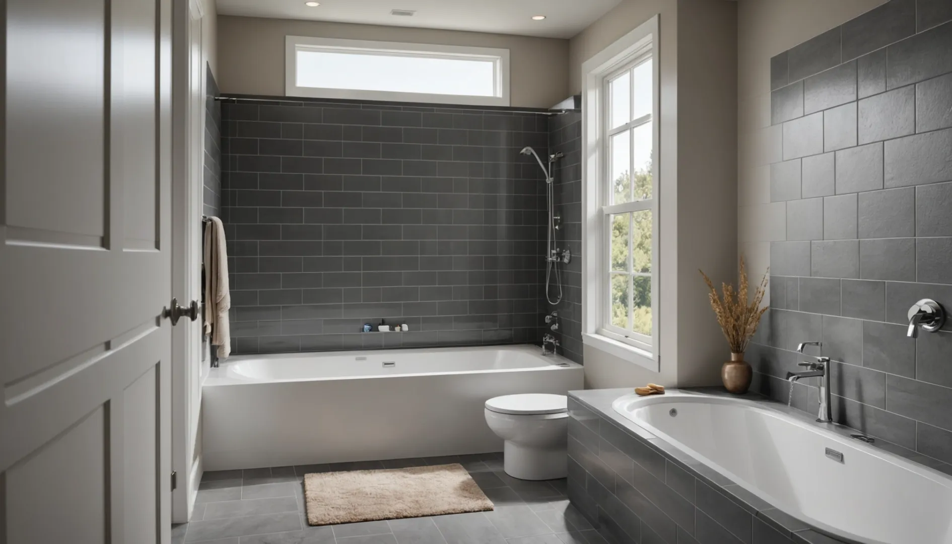 A modern bathroom with Schluter tile trim and bullnose tiles